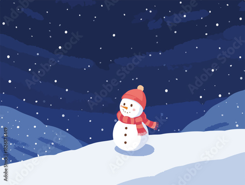 Muñeco de nieve solitario con gorro y bufanda roja en paisaje nevado nocturno con nevada.