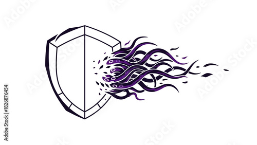 Digital illustration of a shield with purple and black flames bursting out, on a white background, with a graphic design style.