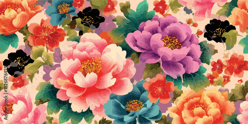 Fondo floral vibrante estilo acuarela con peonías orientales y hojas verdes, patrón de tela