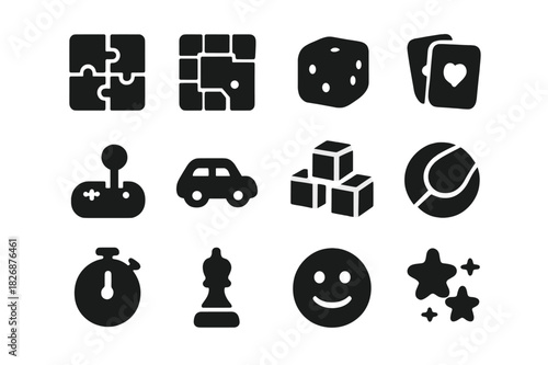 Game Time Icons. Game Time. Solid icon set of Game Time: puzzle, board game, dice, playing cards, joystick, toy car, blocks, ball, timer, chess piece, smiley
