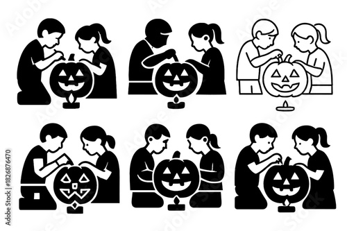 Halloween Pumpkin Carving. Children Carving Pumpkins for Halloween. Icon set. Set Logo of Children Carving Pumpkins for Halloween: tea light candle. harmonious