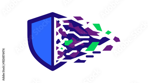 Digital illustration of a blue shield with colorful fragments exploding out, on a white background with vibrant purple, green and blue hues.