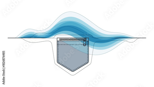 Graphic illustration of a pocket with a wavy blue line above it on a white background with a minimalist design.