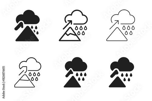 Rain Formation Logos. How rain is formed. Icon set. Set Logo of How rain is formed: orographic lift over mountain. harmonious logo variations of the same
