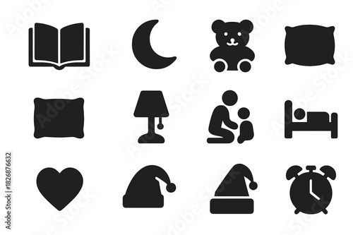 Bedtime Icons Collection. Bedtime stories. Solid icon set of bedtime stories: open book, moon, star, teddy bear, pillow, lamp, parent, child, bed, heart,