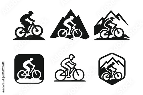 Adventure Trail Logos. Bicycles & Outdoor Activities. Icon set. Set Logo of adventure trail: mountain biker silhouette. harmonious logo variations of the same