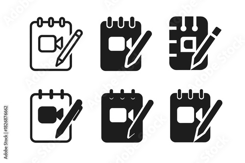 Conference Call Note-taking Icons. Taking notes during a conference call. Icon set. Set Logo of Taking notes during a conference call: spiral notepad and pen.