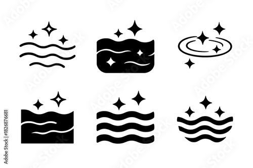 Glimmering Water Logos. Glimmering water. Icon set. Set Logo of glimmering water: light reflecting ripples. harmonious logo variations of the same emblematic