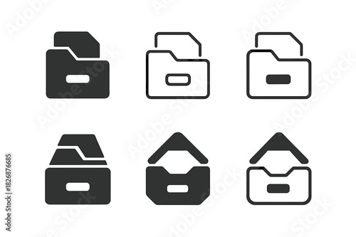 Filing Documents Icon Set. Filing documents in a filing cabinet. Icon set. Set Logo of Filing documents in a filing cabinet: Filing label. harmonious logo