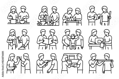 Family Teamwork Icons. Teamwork Activities. Line icon set of Teamwork Activities: parents cooking together, parents gardening, parents assembling furniture,