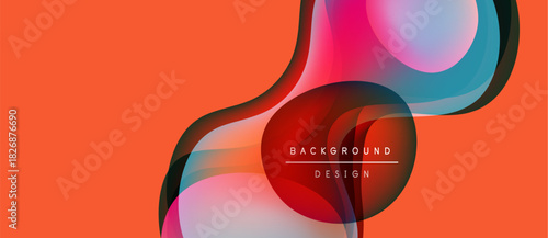 Abstract fluid shapes overlap, creating vibrant color blends. Orange background complements flowing design elements. Modern aesthetic.
