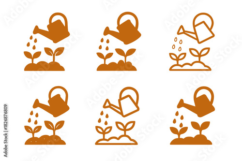 Autumn Garden Logos. Autumn garden care and planting for the season. Icon set. Set Logo of autumn garden care and planting for the season: watering can pouring