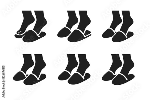 Slipper Logo Variations. Putting on indoor slippers. Icon set. Set Logo of putting on indoor slippers: person?s feet slipping into slippers. harmonious logo