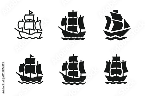 Vintage Transport Icons. Historical transportation methods (ships, planes, automobiles). Icon set. Set Logo of historical transport: vintage sailing ship.