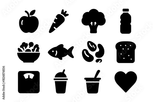 Healthy Icons Grid. Nutritious Diet. Solid icon set of apple, carrot, broccoli, water bottle, salad bowl, fish, nuts, whole grain bread, measuring scale,