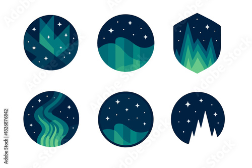 Starry Sky Icons. Starry sky. Icon set. Set Logo of starry sky: northern lights. harmonious logo variations of the same emblematic concept, each with different
