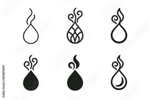 Aromatherapy Logo Variations. Aromatherapy. Icon set. Set Logo of aromatherapy: drop of essence with steam swirls. harmonious logo variations of the same