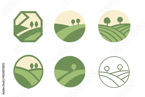 Rural Landscape Logos. Rural landscapes. Icon set. Set Logo of rural landscapes: Landscape with distant trees. harmonious logo variations of the same