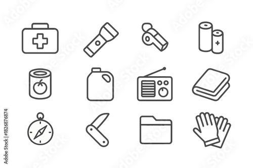 Emergency Prep Icons. Emergency preparedness. Line icon set of emergency preparedness: first aid kit, flashlight, whistle, batteries, canned food, water jug,