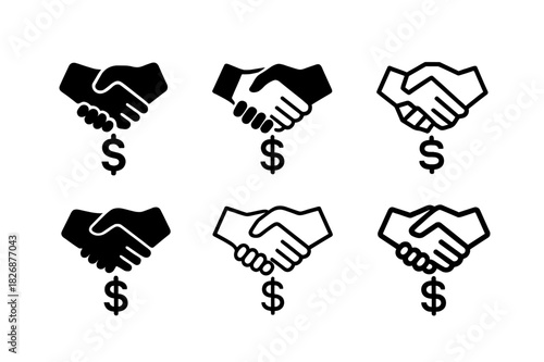 Equal Pay Logos. Demand for equal pay. Icon set. Set Logo of demand for equal pay: Handshake over currency sign. harmonious logo variations of the same