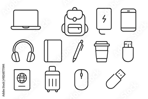 Travel Essentials Icons. Travel Work Essentials. Line icon set of Travel Work Essentials: laptop, backpack, power bank, smartphone, headphones, notebook, pen,
