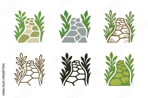 Decorative Garden Paths. Decorative stone paths through a garden with plants on both sides. Icon set. Set Logo of Decorative stone paths through a garden with