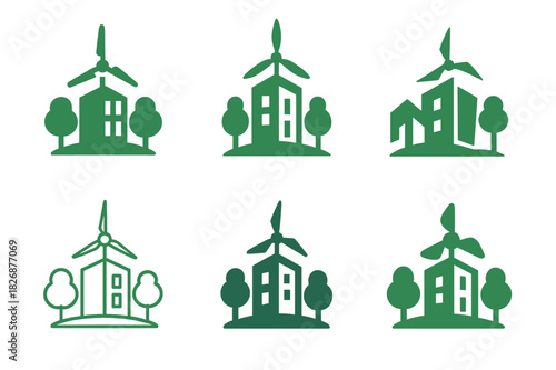 Ecological Architecture Icons. Ecological architecture blending with nature. Icon set. Set Logo of ecological architecture blending with nature: wind-powered