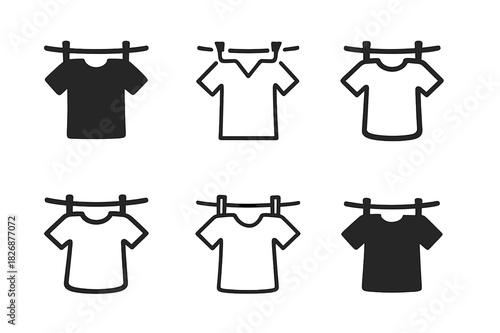 Clothesline Logo Variations. Hanging up clothes immediately after laundry. Icon set. Set Logo of hanging up clothes immediately after laundry: clothesline with