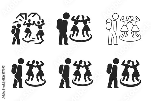Cultural Tourism Icons. Cultural tourism in isolated communities. Icon set. Set Logo of cultural tourism in isolated communities: traveler observing