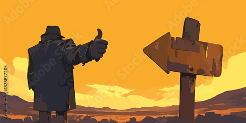 Figura de detective con sombrero da pulgar arriba junto a señal de dirección en atardecer desértico.