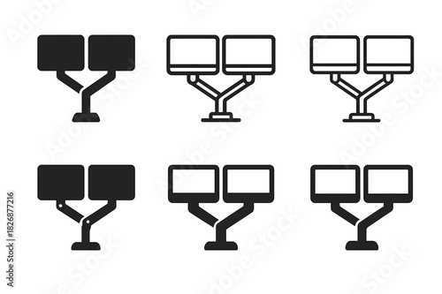 Remote Work Logos. Remote work setups and home office environments. Icon set. Set Logo of Remote work setups and home office environments: dual-monitor arm.