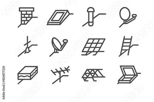 Roof Accessories Icons. Roof Accessories. Line icon set of Roof Accessories: chimney, skylight, gutter, vent pipe, lightning rod, satellite dish, solar panel,