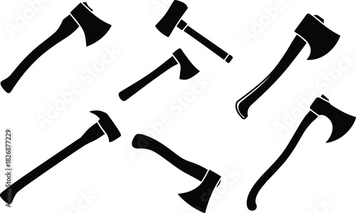 Collection of black and white axe silhouettes, vector hatchet icons, isolated lumberjack tools for carpentry, camping, and construction.
