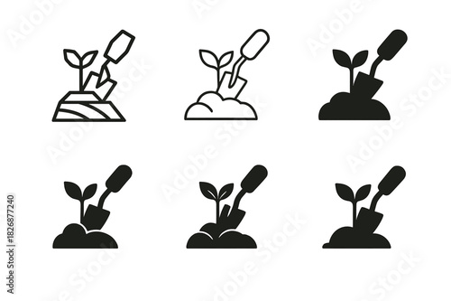Vegetable Patch Logos. Vegetable Patch. Icon set. Set Logo of Vegetable Patch: trowel. harmonious logo variations of the same emblematic concept, each with