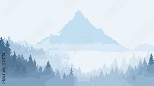 Paisaje minimalista de montañas nevadas y bosque de pinos en tonos azules y blancos, estilo vector.