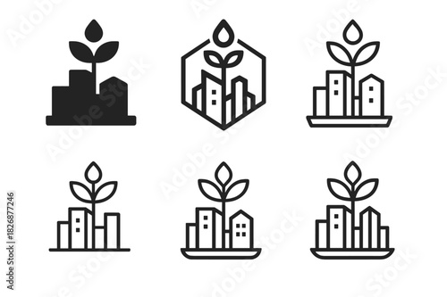 Rooftop Garden Icons. Rooftop garden designs in big cities. Icon set. Set Logo of Rooftop garden designs in big cities: drip irrigation line. harmonious logo