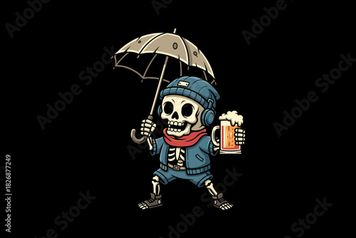 Skeleton holding umbrella and beer on a dark background.