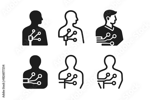 Wearable Tech Icons. Fashion and Technology (Wearable Tech, Smart Clothing). Icon set. Set Logo of connected style: silhouette with wearable smartwatch and