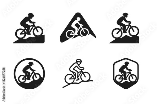 Adventure Trail Logos. Bicycles & Outdoor Activities. Icon set. Set Logo of adventure trail: mountain biker silhouette. harmonious logo variations of the same