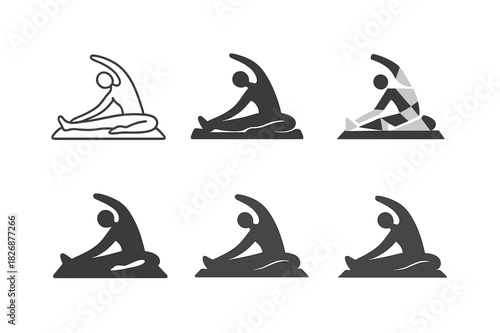 Pilates Logo Variations. Pilates and Stretching. Icon set. Set Logo of body balance: person in pilates pose on mat. harmonious logo variations of the same