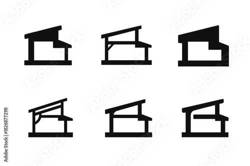 Open Atrium Logos. Open atrium. Icon set. Set Logo of open atrium: architectural cross-section. harmonious logo variations of the same emblematic concept, each