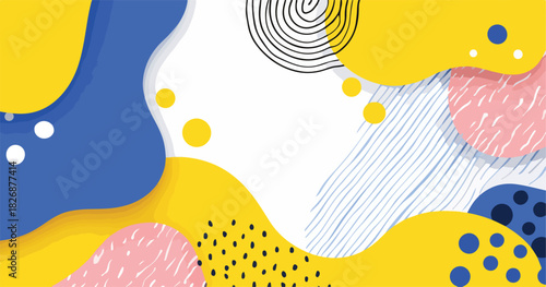Fondo abstracto moderno con formas orgánicas dinámicas en colores azul, amarillo y rosa, diseño vectorial