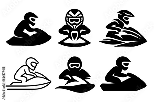 Jet Skiing Logos. Jet skiing. Icon set. Set Logo of Jet skiing: helmet with goggles. harmonious logo variations of the same emblematic concept, each with