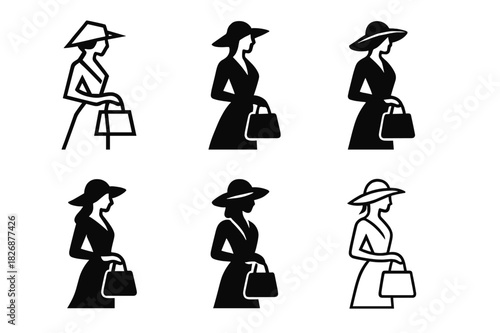 Luxury Fashion Icons. Fashion & Luxury. Icon set. Set Logo of designer muse: fashion figure with luxury bag. harmonious logo variations of the same emblematic