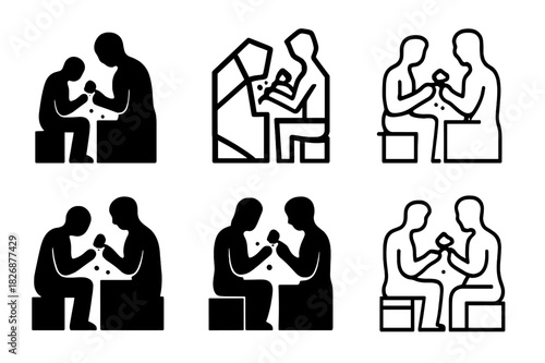 Sculptor Icon Variations. Sculptor working on a stone statue. Icon set. Set Logo of sculptor working on a stone statue: marble block. harmonious logo