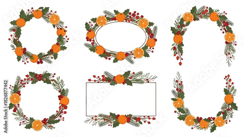 Festive Christmas Wreaths and Frames Decorated with Oranges and Holly Berries for Holiday Celebrations