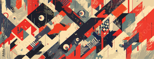 Fondo abstracto de diseño gráfico con formas geométricas en rojo, azul marino y crema, estilo vintage.