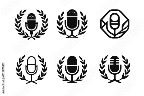 Public Speaking Emblems. Public speaking classes and debate competitions. Icon set. Set Logo of Public speaking classes and debate competitions: laurel wreath