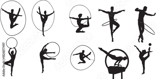 Silhouette collection of gymnasts performing with hoops and rings on white