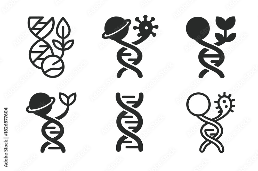 Naklejka premium Space Colonization Logos. Genetic Engineering for Space Colonization. Icon set. Set Logo of adaptive biosphere: helix connecting planets and organisms.